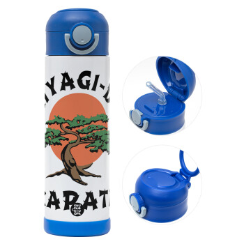 Miyagi-do karate, Children's hot water bottle, stainless steel, with safety straw, BLUE (500ml)