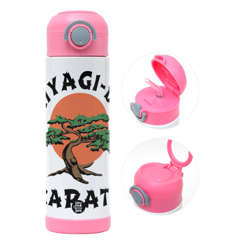 Miyagi-do karate, Children's hot water bottle, stainless steel, with safety straw, PINK (500ml)
