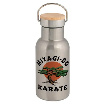 Miyagi-do karate, Stainless steel metallic thermos flask, silver with a bamboo lid, double-walled, 350ml.