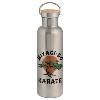 Miyagi-do karate, Μεταλλικό παγούρι θερμός (Stainless steel) Ασημένιο με ξύλινο καπακι (bamboo), διπλού τοιχώματος, 750ml