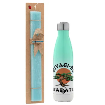 Miyagi-do karate, Easter Set, Metallic green/white thermos (Stainless steel), double-walled, 500ml & scented flat Easter candle (30cm) (TURQUOISE)