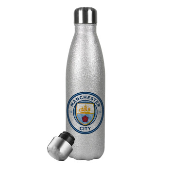Manchester City FC , Μεταλλικό παγούρι θερμός Glitter Aσημένιο (Stainless steel), διπλού τοιχώματος, 500ml