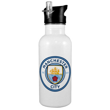 Manchester City FC , White water bottle with straw, stainless steel 600ml