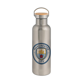 Manchester City FC , Stainless steel Silver with wooden lid (bamboo), double wall, 750ml
