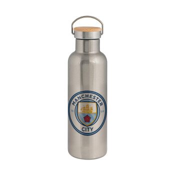 Manchester City FC , Μεταλλικό παγούρι θερμός (Stainless steel) Ασημένιο με ξύλινο καπακι (bamboo), διπλού τοιχώματος, 750ml