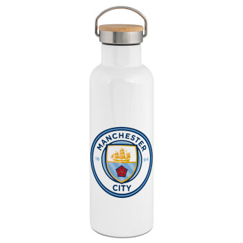 Manchester City FC , Stainless steel White with wooden lid (bamboo), double wall, 750ml