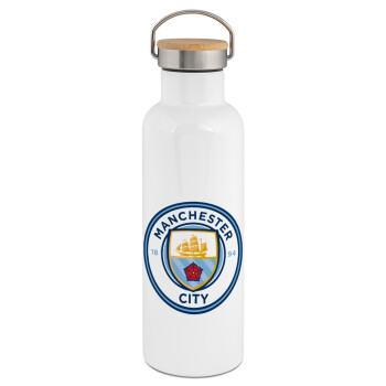 Manchester City FC , Μεταλλικό παγούρι θερμός (Stainless steel) Λευκό με ξύλινο καπάκι (bamboo), διπλού τοιχώματος, 750ml