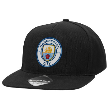 Manchester City FC , Καπέλο Ενηλίκων Flat Snapback Μαύρο, (100% ΒΑΜΒΑΚΕΡΟ TWILL, ΕΝΗΛΙΚΩΝ, UNISEX, ONE SIZE)