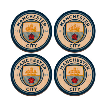 Manchester City FC , ΣΕΤ x4 Σουβέρ ξύλινα στρογγυλά plywood (9cm)