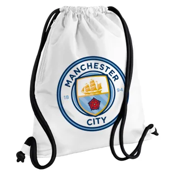 Manchester City FC , Τσάντα πλάτης πουγκί GYMBAG λευκή, με τσέπη (40x48cm) & χονδρά κορδόνια