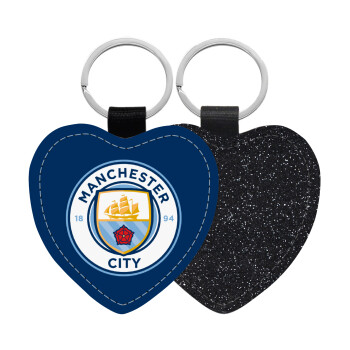 Manchester City FC , Μπρελόκ PU δερμάτινο glitter καρδιά ΜΑΥΡΟ