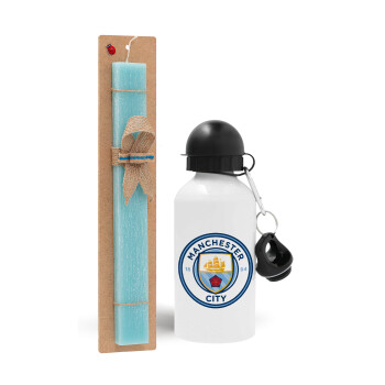 Manchester City FC , Easter Set, metallic aluminum water bottle (500ml) & scented flat candle (30cm) (TURQUOISE)