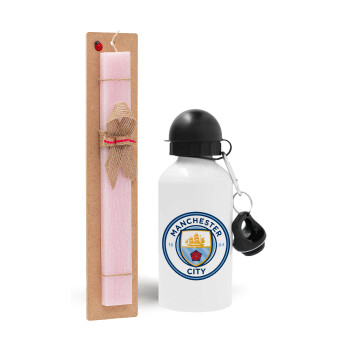 Manchester City FC , Easter Set, metallic aluminum bottle (500ml) & aromatic flat Easter candle (30cm) (PINK)