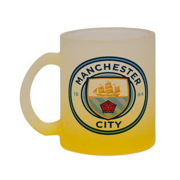 Manchester City FC , Κούπα γυάλινη δίχρωμη με βάση το κίτρινο ματ, 330ml