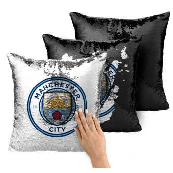 Manchester City FC , Μαξιλάρι καναπέ Μαγικό Μαύρο με πούλιες 40x40cm περιέχεται το γέμισμα