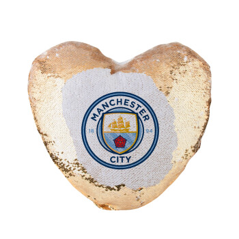 Manchester City FC , Μαξιλάρι καναπέ καρδιά Μαγικό Χρυσό με πούλιες 40x40cm περιέχεται το  γέμισμα