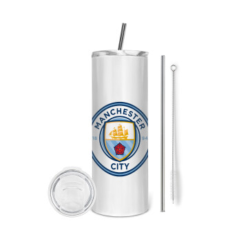 Manchester City FC , Eco friendly ποτήρι θερμό (tumbler) από ανοξείδωτο ατσάλι 600ml, με μεταλλικό καλαμάκι & βούρτσα καθαρισμού