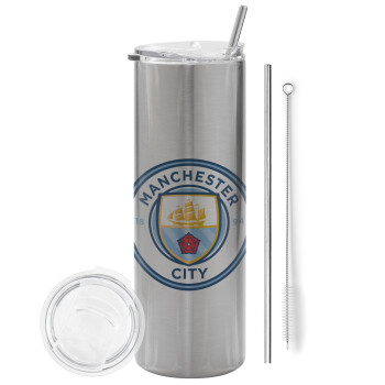 Manchester City FC , Eco friendly ποτήρι θερμό Ασημένιο (tumbler) από ανοξείδωτο ατσάλι 600ml, με μεταλλικό καλαμάκι & βούρτσα καθαρισμού