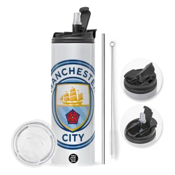 Manchester City FC , Travel Tumbler θερμό με διπλό καπάκι, μεταλλικό καλαμάκι και βούρτσα καθαρισμού (Ανωξείδωτο 304 Food grade, BPA free, 600ml)
