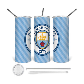 Manchester City FC , 360 Eco friendly ποτήρι θερμό (tumbler) από ανοξείδωτο ατσάλι 600ml, με μεταλλικό καλαμάκι & βούρτσα καθαρισμού
