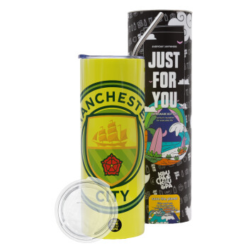 Manchester City FC , Neon Yellow Travel Tumbler θερμό, μεταλλικό καλαμάκι(Ανωξείδωτο 304 Food grade, BPA free, 600ml)