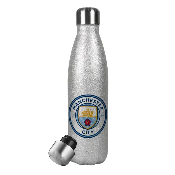 Manchester City FC — Metallic Glitter Silver Thermos Flask (Stainless steel), double-walled, 500ml