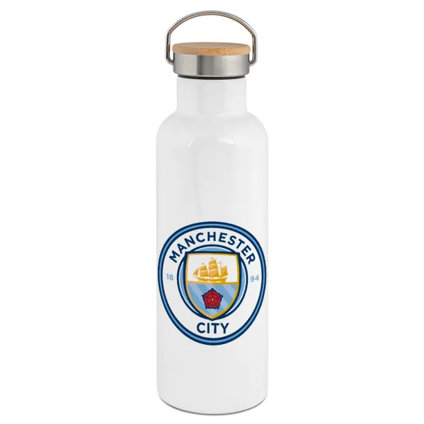 Manchester City FC — Stainless steel White with wooden lid (bamboo), double wall, 750ml