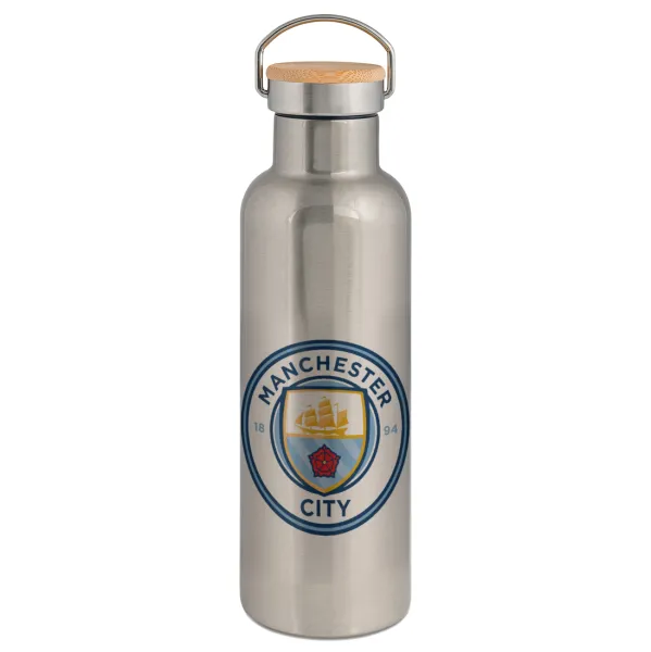 Manchester City FC — Stainless steel Silver with wooden lid (bamboo), double wall, 750ml