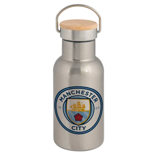 Manchester City FC — Stainless steel metallic thermos flask, silver with a bamboo lid, double-walled, 350ml.