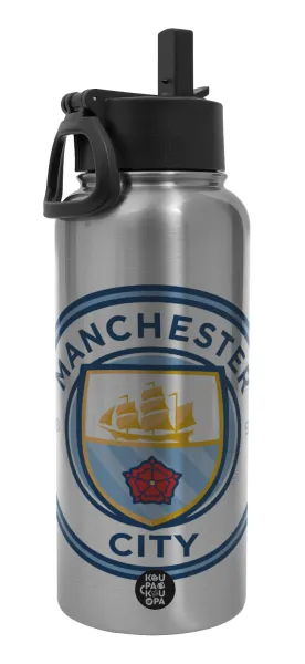 Manchester City FC — Metal mug thermo Silver with Straw and Spout Lid (Stainless steel), double wall, 950ml