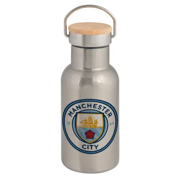 Manchester City FC , Μεταλλικό παγούρι θερμός (Stainless steel) Ασημένιο με ξύλινο καπακι (bamboo), διπλού τοιχώματος, 350ml