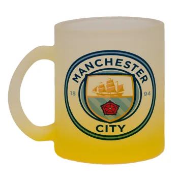 Manchester City FC , Κούπα γυάλινη δίχρωμη με βάση το κίτρινο ματ, 330ml