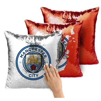 Manchester City FC , Μαξιλάρι καναπέ Μαγικό Κόκκινο με πούλιες 40x40cm περιέχεται το γέμισμα