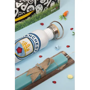 Manchester City FC , Πασχαλινή Λαμπάδα με παγούρι μεταλλικό (620ml, stainless steel) & κερί αρωματικό πλακέ (30cm) (ΤΙΡΚΟΥΑΖ)