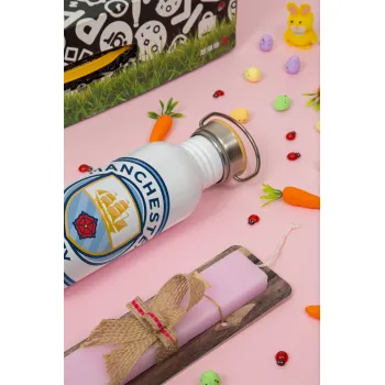 Manchester City FC , Πασχαλινή Λαμπάδα με παγούρι μεταλλικό (620ml, stainless steel) & κερί αρωματικό πλακέ (30cm) (ΡΟΖ)