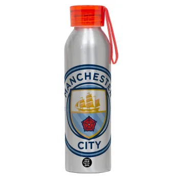 Manchester City FC , Αλουμινένιο Αθλητικό Μπουκάλι 650ml – Ασημί με Κόκκινο Καπάκι και Λουράκι Σιλικόνης