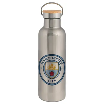Manchester City FC , Stainless steel Silver with wooden lid (bamboo), double wall, 750ml