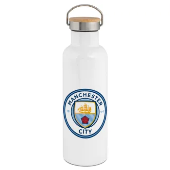 Manchester City FC , Stainless steel White with wooden lid (bamboo), double wall, 750ml