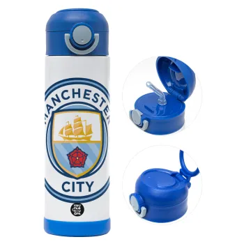 Manchester City FC , Children's hot water bottle, stainless steel, with safety straw, BLUE (500ml)