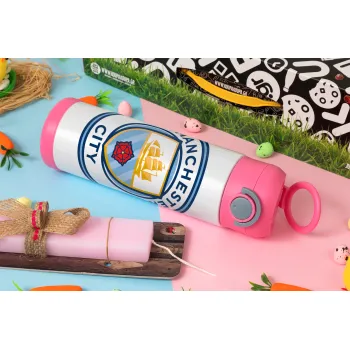 Manchester City FC , Easter candle, Childrens hot water bottle, stainless steel, with safety straw, PINK (500ml)