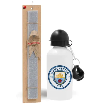 Manchester City FC , Easter Set, metallic aluminum water bottle (500ml) & aromatic flat Easter candle (30cm) (GRAY)