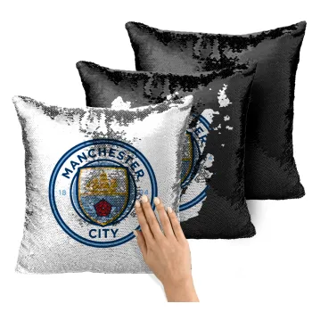 Manchester City FC , Μαξιλάρι καναπέ Μαγικό Μαύρο με πούλιες 40x40cm περιέχεται το γέμισμα