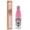 Easter Set, Metallic pink/white (Stainless steel) thermos, double-walled, 500ml & aromatic flat Easter candle (30cm) (PINK)