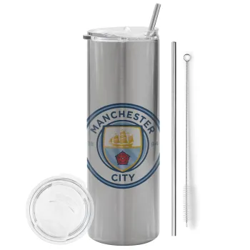 Manchester City FC , Tumbler ποτήρι θερμό Ασημένιο από ανοξείδωτο ατσάλι 600ml, με μεταλλικό καλαμάκι & βούρτσα καθαρισμού