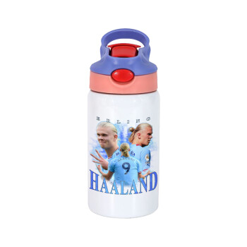 Erling Haaland, Children's hot water bottle, stainless steel, with safety straw, pink/purple (350ml)