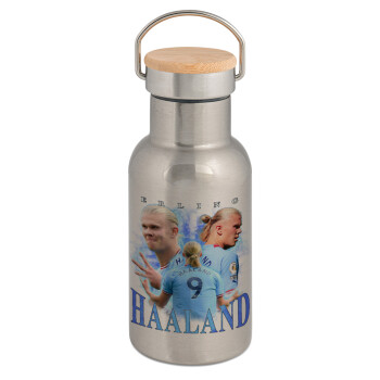 Erling Haaland, Stainless steel metallic thermos flask, silver with a bamboo lid, double-walled, 350ml.