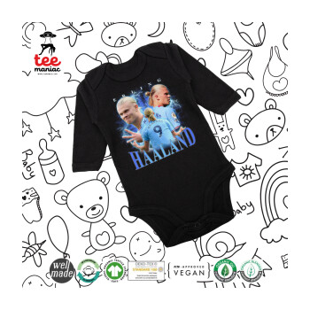 Erling Haaland, Μακρυμάνικο βρεφικό φορμάκι, 0-18 μηνών, ΜΑΥΡΟ, 100% Organic Cotton