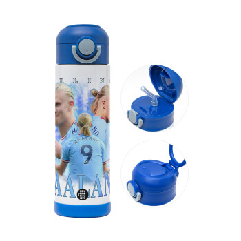 Erling Haaland, Παιδικό παγούρι θερμό, ανοξείδωτο, με καλαμάκι ασφαλείας, ΜΠΛΕ (500ml)