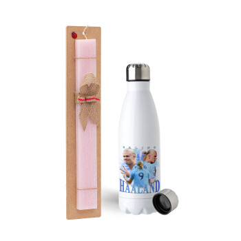 Erling Haaland, Πασχαλινή Λαμπάδα με μεταλλικό παγούρι ανοξείδωτο (750ml) & κερί αρωματικό πλακέ (30cm) (ΡΟΖ)