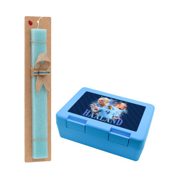 Erling Haaland, Easter Set, children's snack container BLUE & Easter aromatic flat candle (30cm) (TURQUOISE)